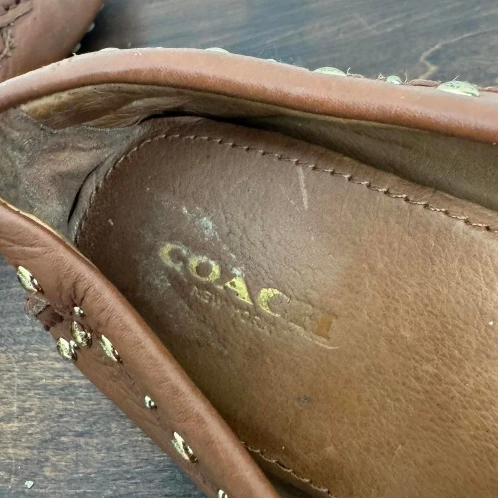 Coach Brown Leather and Gold Stud Flats‎ tassel fringe 5.5 loafer